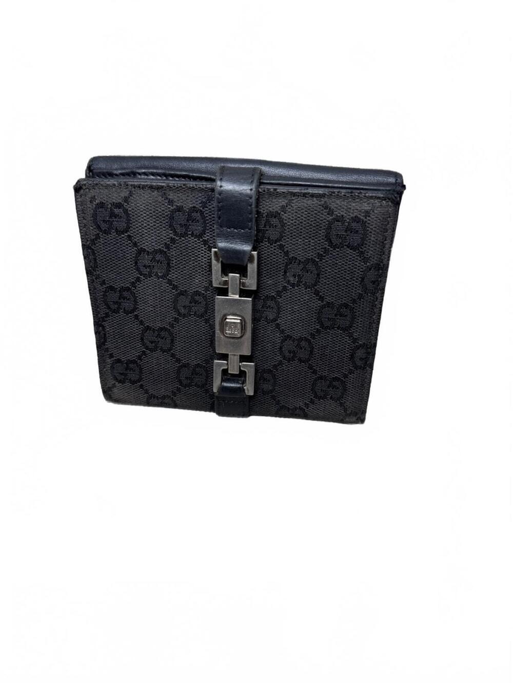 Gucci GG Black Monogram Canvas bi-fold Wallet w leather trim Silver-Tone Accent